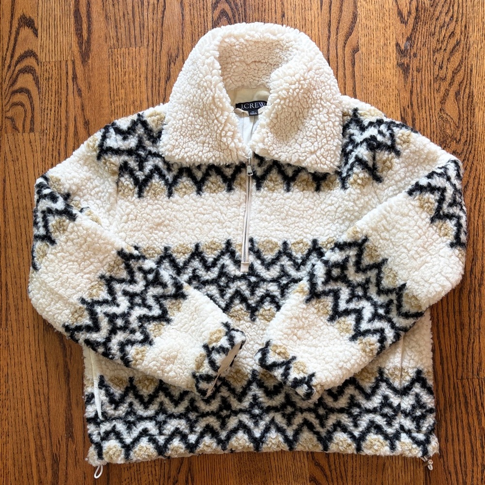 J. Crew Cream Sherpa Half-Zip Pullover with Black Zigzag Pattern